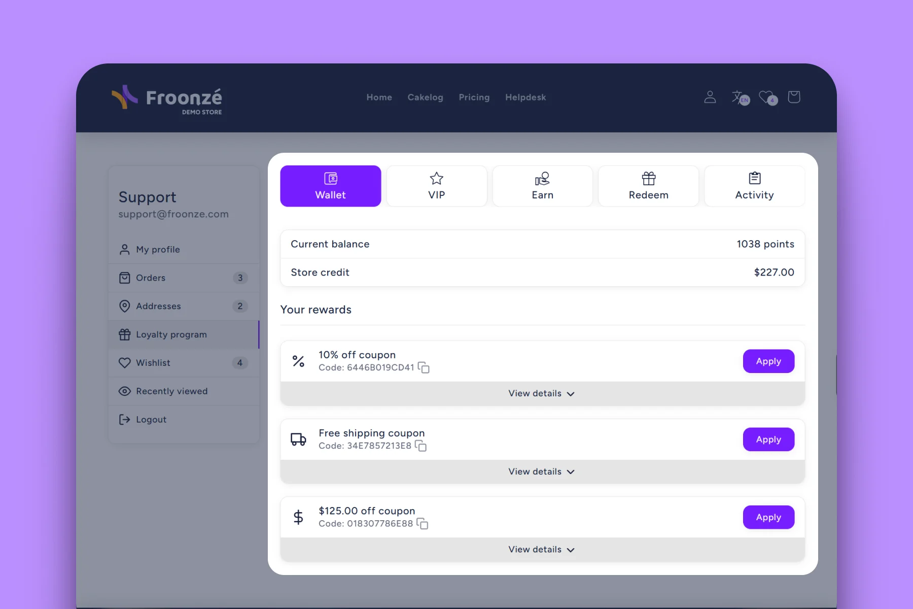 Froonze accounts loyalty program tab