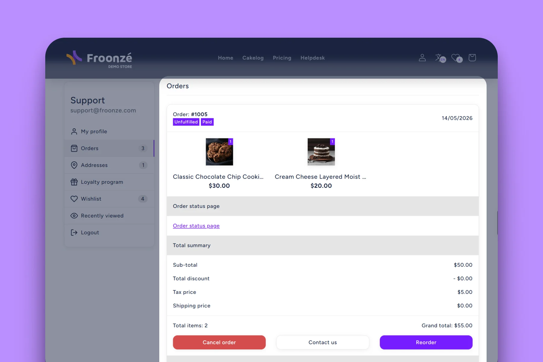 Froonze accounts order history tab