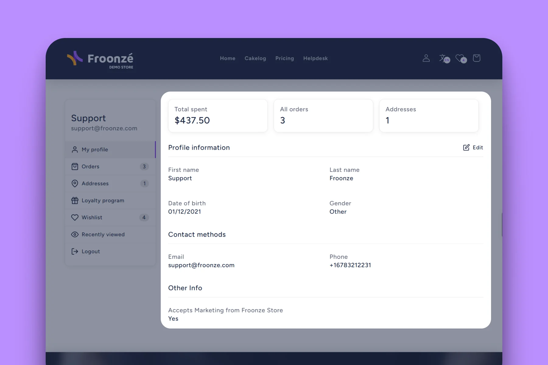 Froonze accounts profile view tab