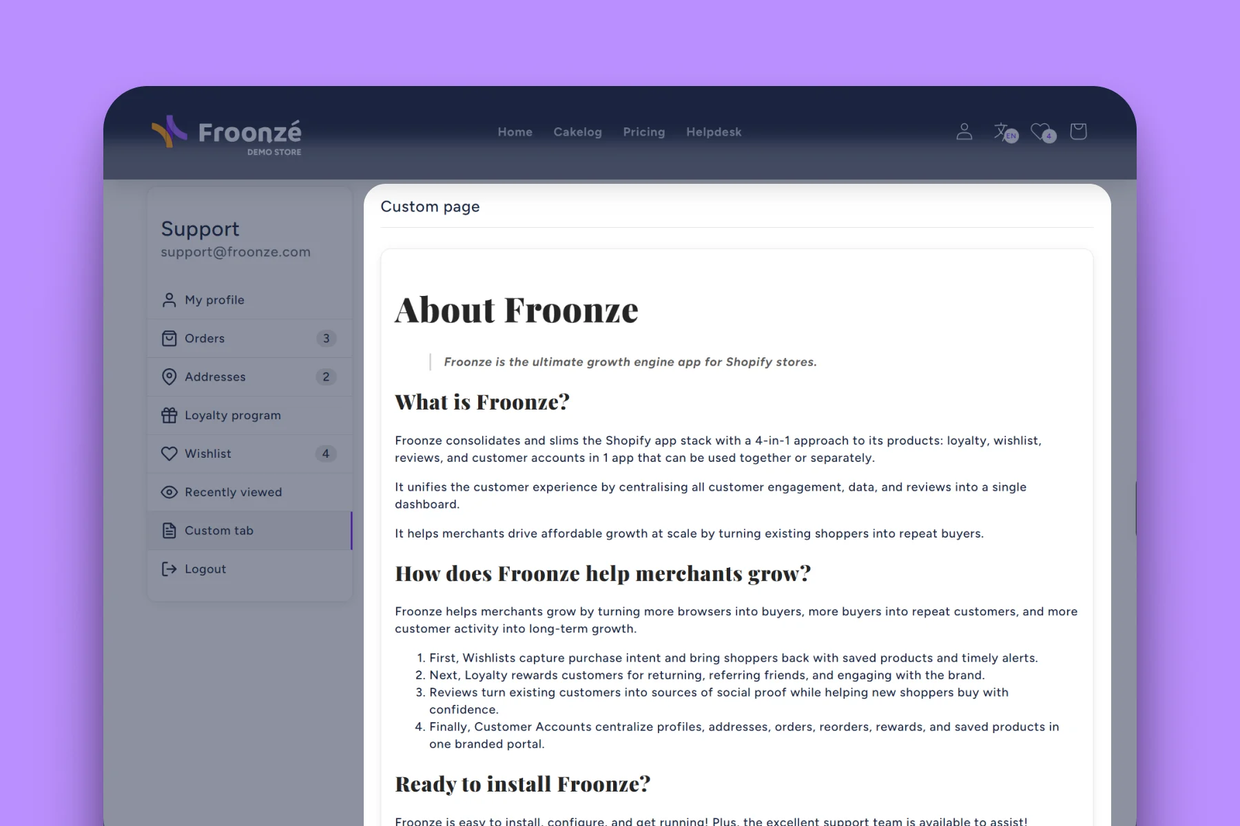 Froonze accounts custom page tab