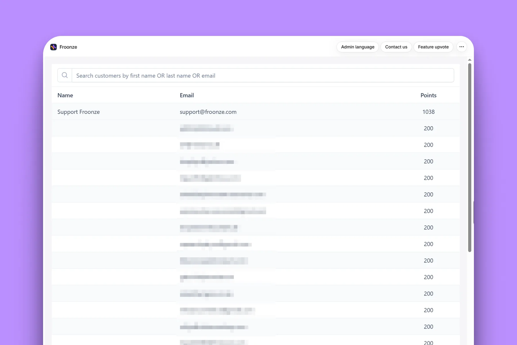 Froonze account customers dashboard