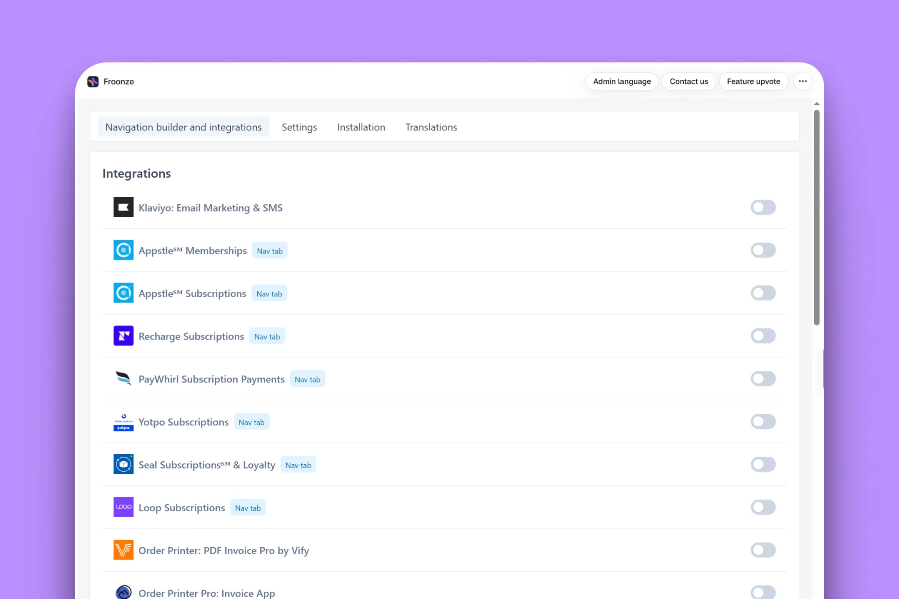 Froonze account integrations dashboard