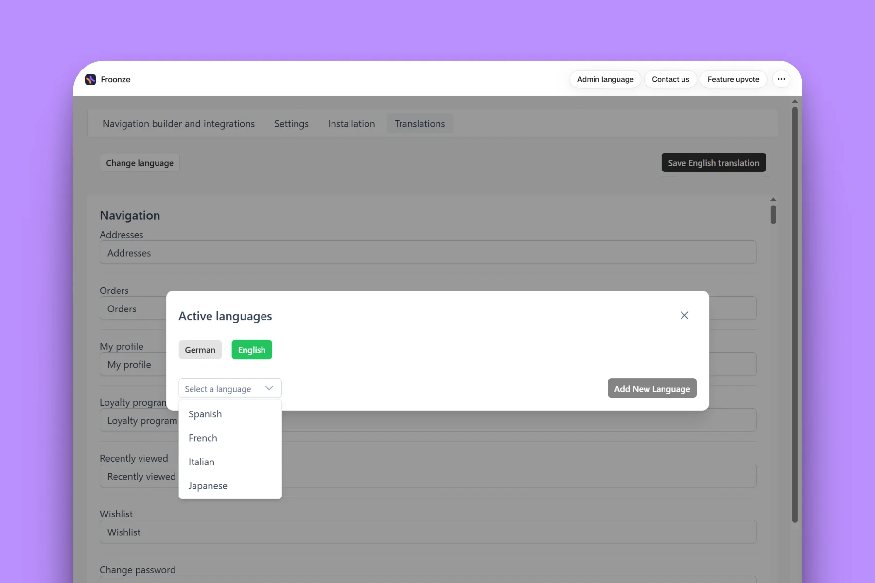 Froonze account translations dashboard