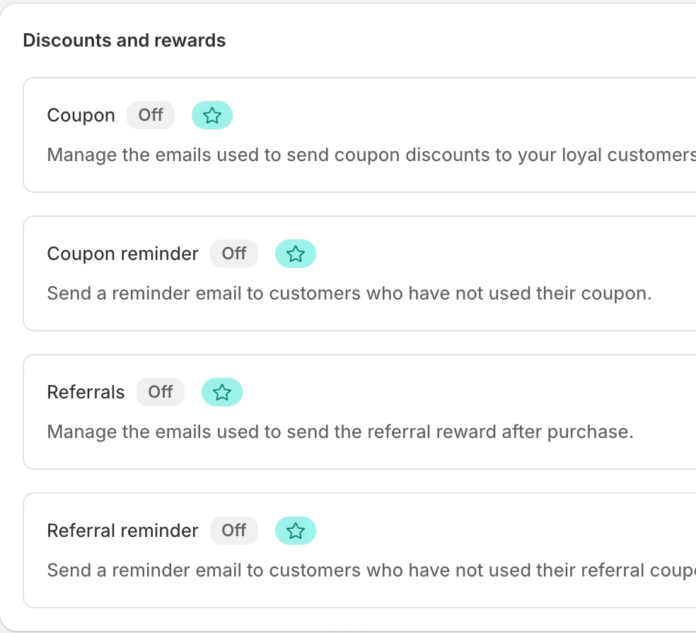 Screenshot: Judge.me coupon and referral email templates marked with stars.