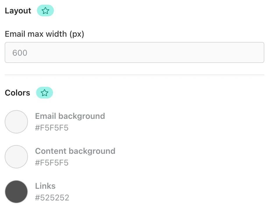 Screenshot: Judge.me email layout and colour settings with stars.