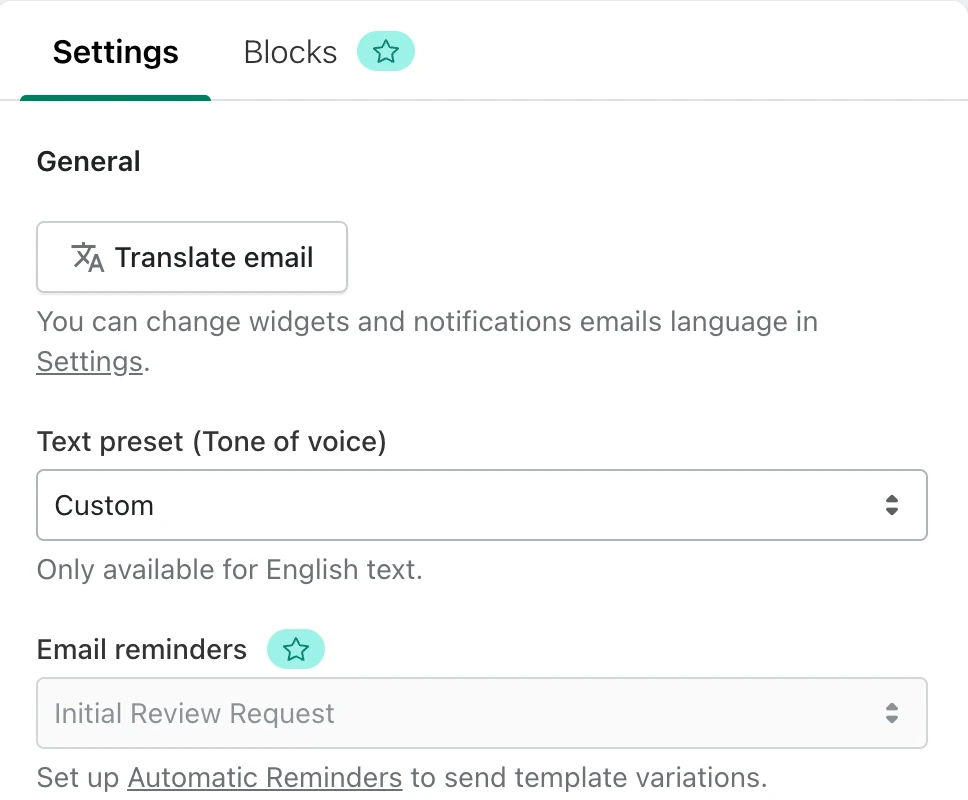 Screenshot: Judge.me email template Email reminders select with a star.