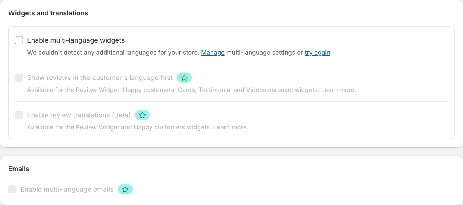 Screenshot: Judge.me language settings with translation and multi-language email options starred.