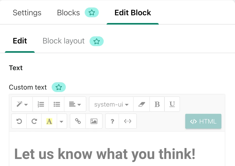 Screenshot: Judge.me email editor Blocks and Custom text with stars.