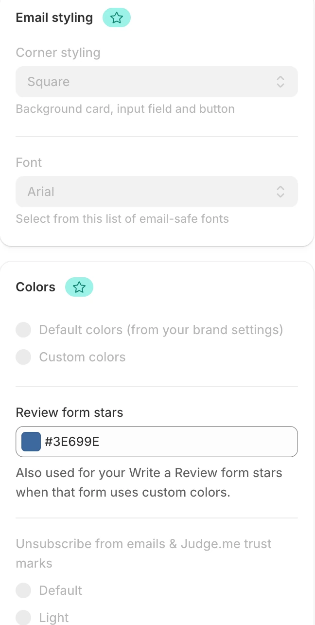 Screenshot: Judge.me email styling settings with stars.