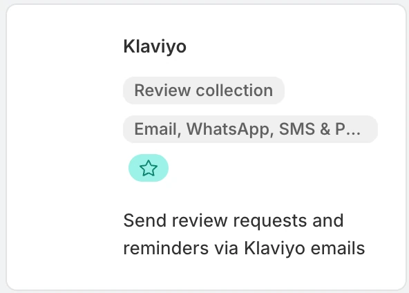 Screenshot: Judge.me Klaviyo integration card with a star.