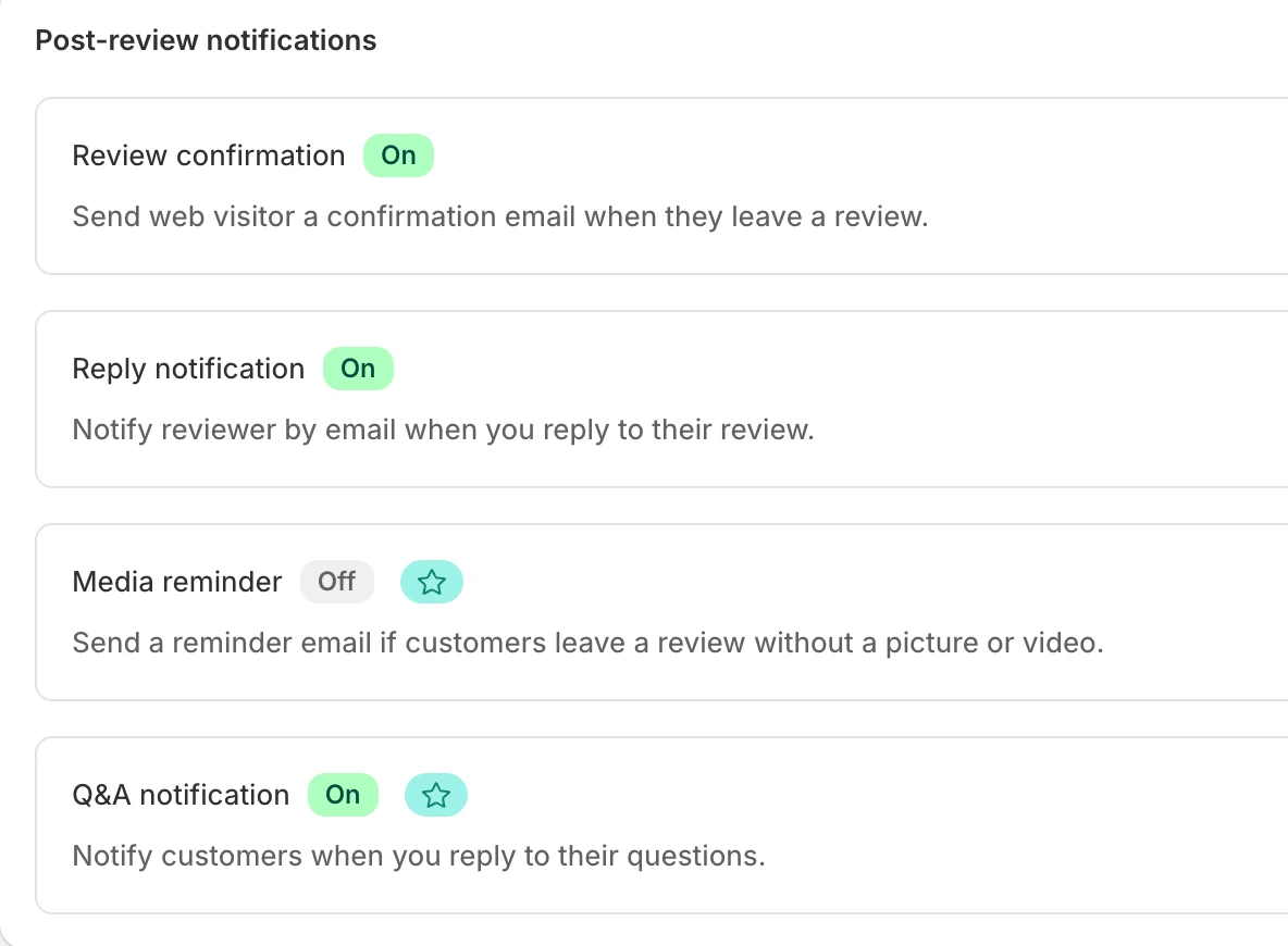Screenshot: Judge.me post-review emails; Media reminder and Q&A notification marked with a star.