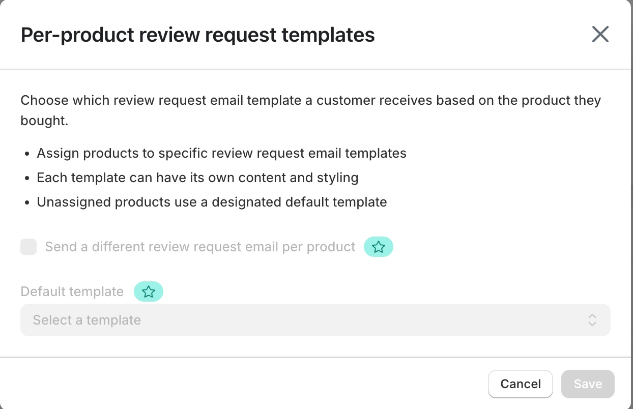 Screenshot: Judge.me per-product templates modal with starred options.