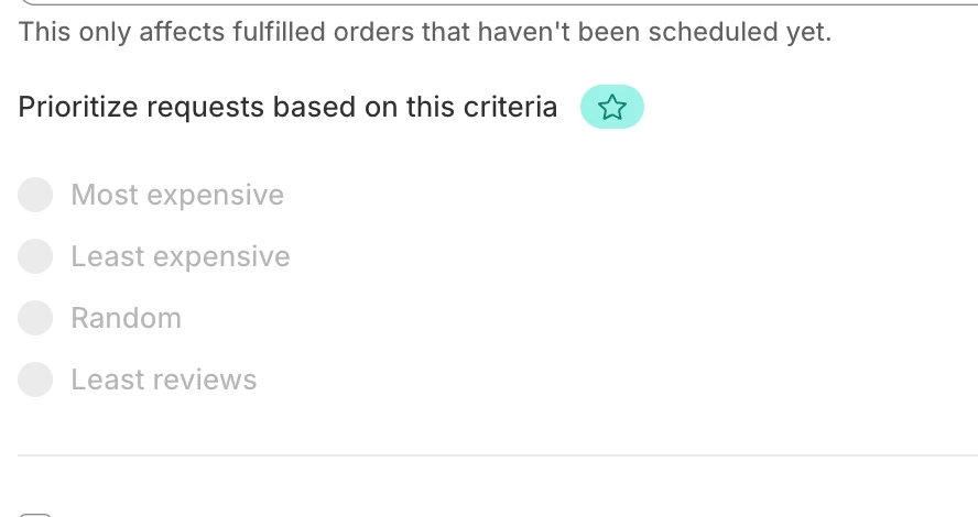 Screenshot: Judge.me request prioritization options greyed out with a star.