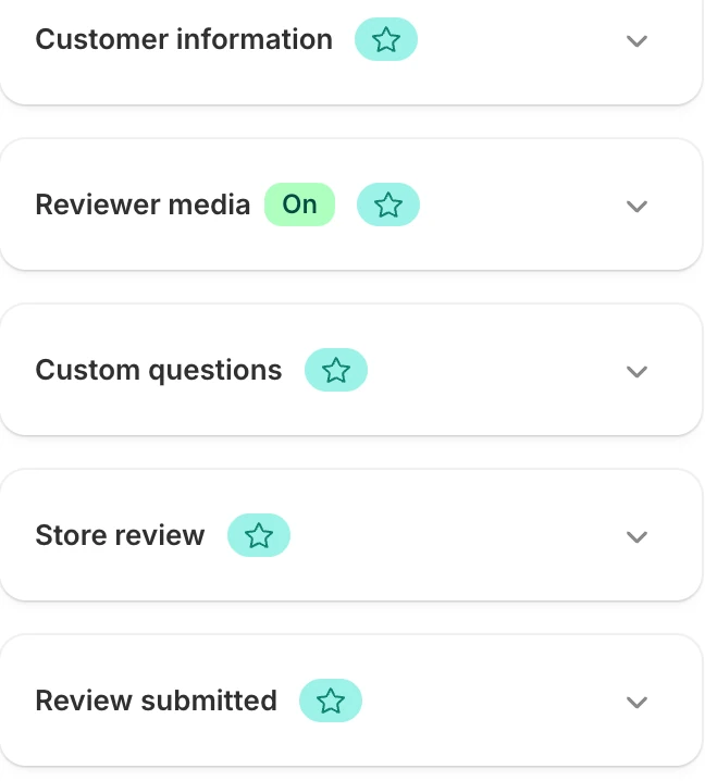 Screenshot: Judge.me review form text sections and custom questions, each with a star.