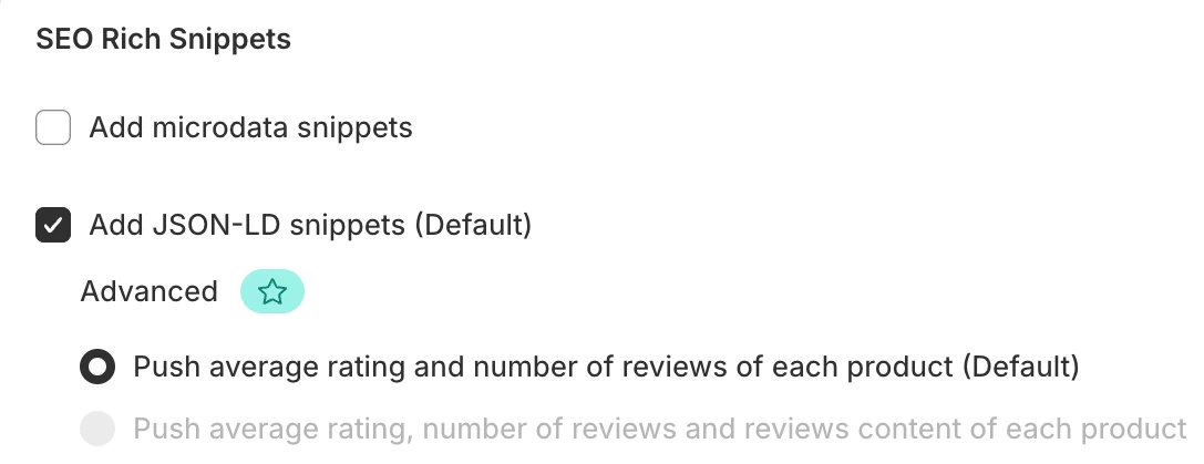 Screenshot: Judge.me rich snippets Advanced option with a star.