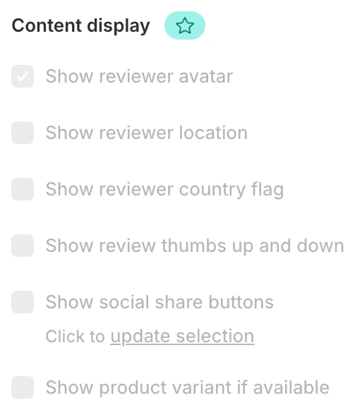 Screenshot: Judge.me review content display options greyed out with a star.