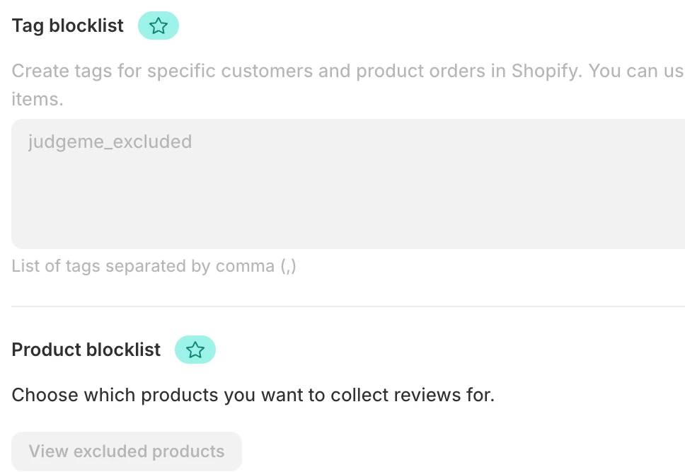 Screenshot: Judge.me tag and product blocklists greyed out with stars.