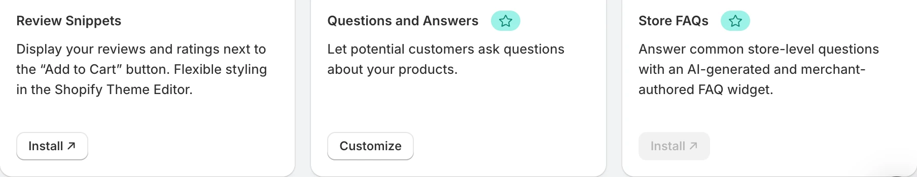 Screenshot: Judge.me Questions and Answers and Store FAQs widget cards with stars; Review Snippets without one.
