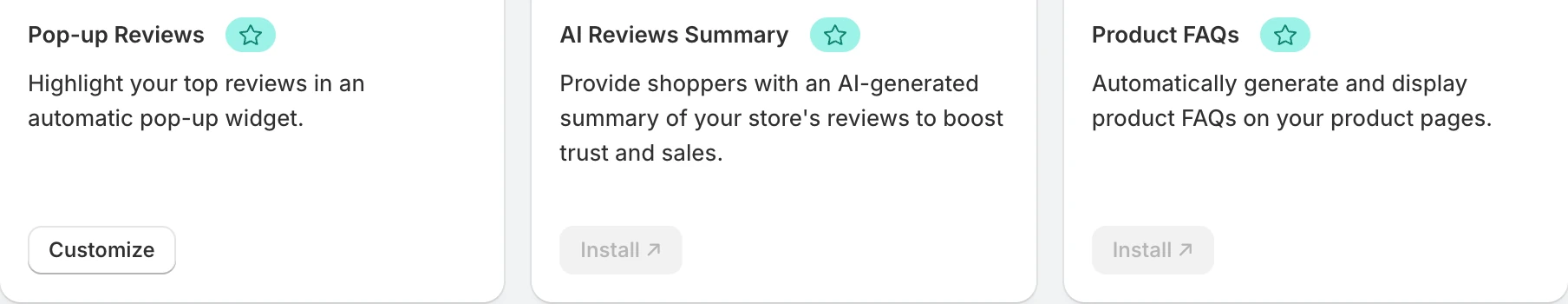 Screenshot: Judge.me Pop-up Reviews, AI Reviews Summary and Product FAQs widget cards with stars.