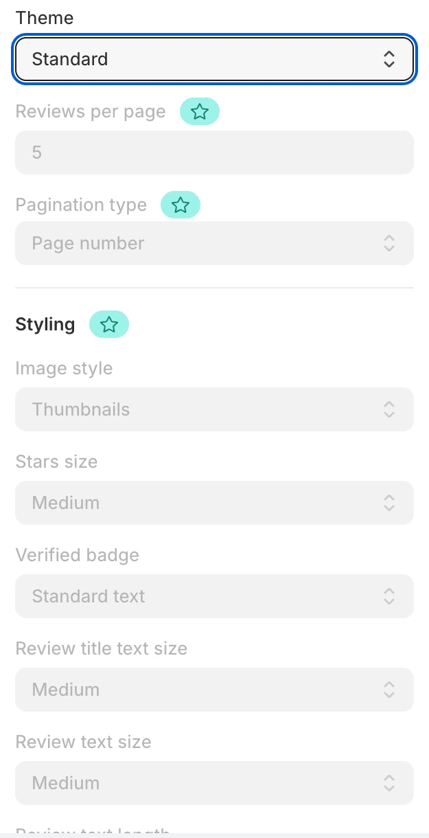 Screenshot: Judge.me reviews per page, pagination and styling settings with stars.