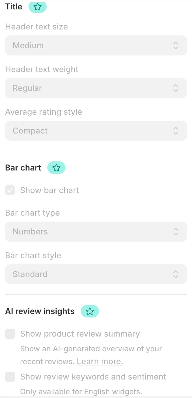 Screenshot: Judge.me Review Widget title, bar chart and AI insights settings greyed out with stars.