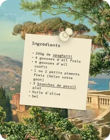 Liste d'ingrédients en français pour une recette avec spaghetti, ail, piments, persil, huile d'olive, sel.
