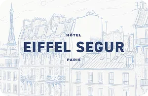 Dessin au trait d'immeubles parisiens avec la tour Eiffel à gauche et le texte Hôtel Eiffel Segur Paris.
