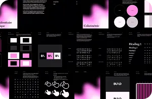 Présentation d'une palette de couleurs rose et noir avec des typographies et icônes divers sur fond noir