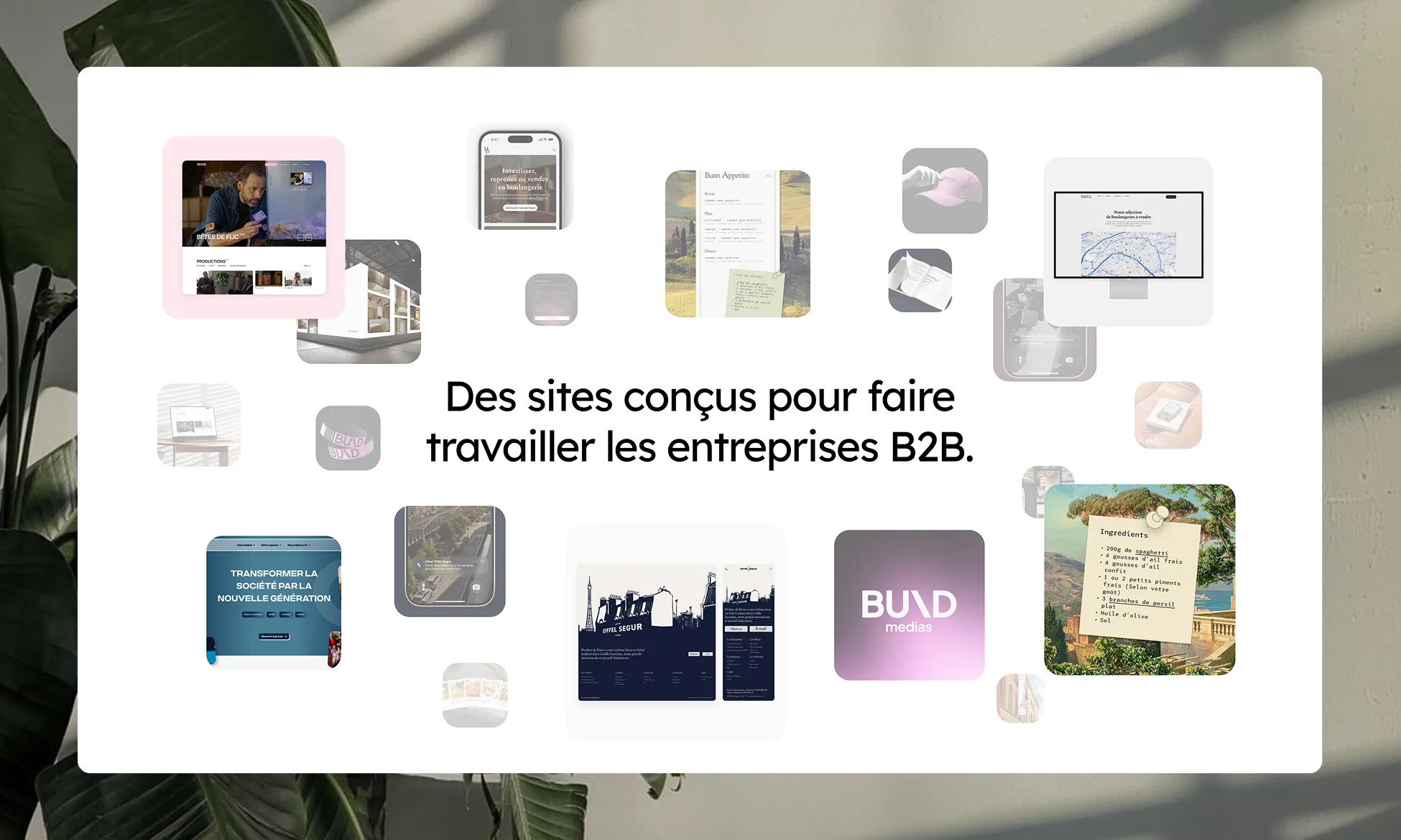 Exemples de sites web variés avec texte central : sites conçus pour faire travailler les entreprises B2B.