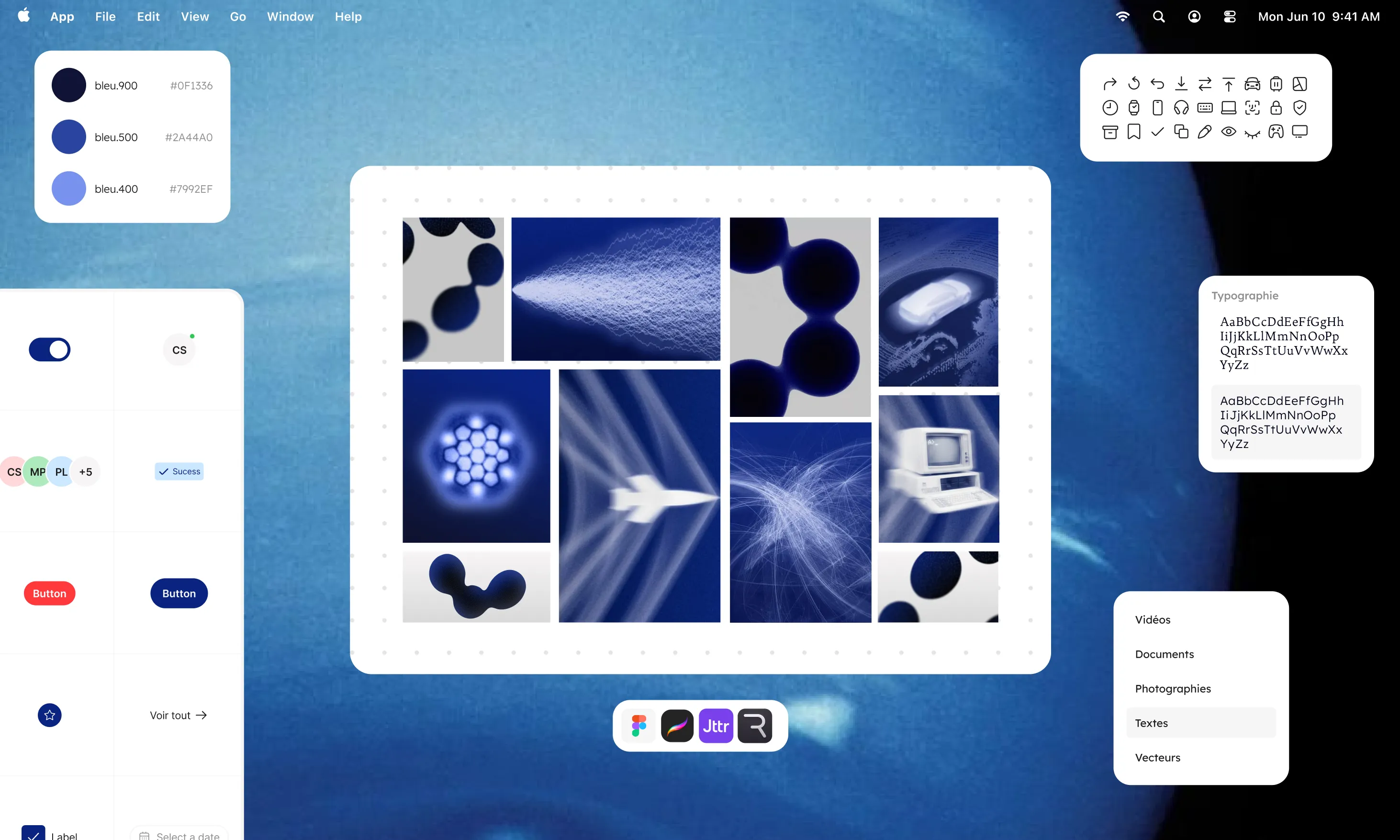Interface with blue-themed digital images, color codes, typography samples, and buttons on a cloudy background.