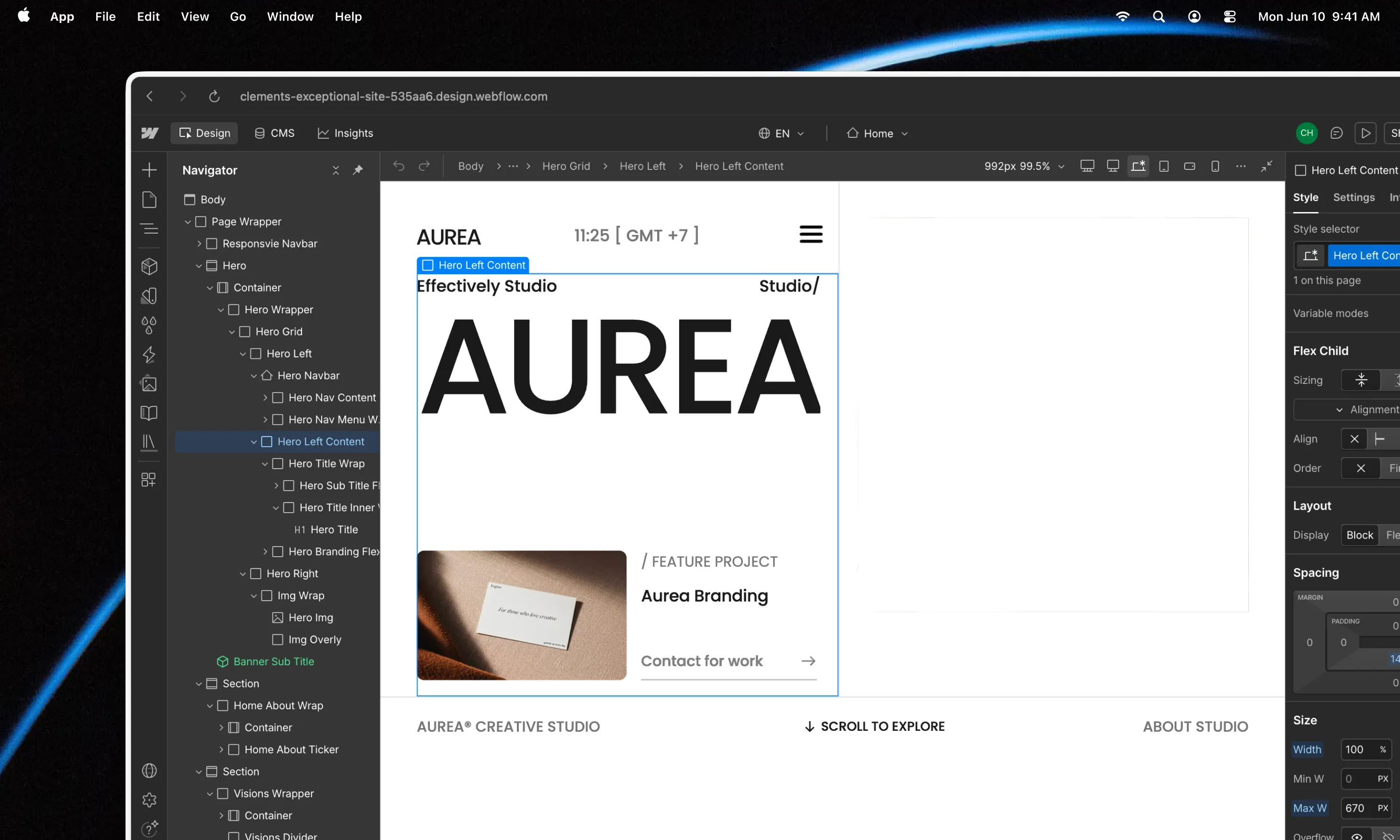 Interface de conception web montrant la structure d'un site nommé AUREA avec projet Aurea Branding.