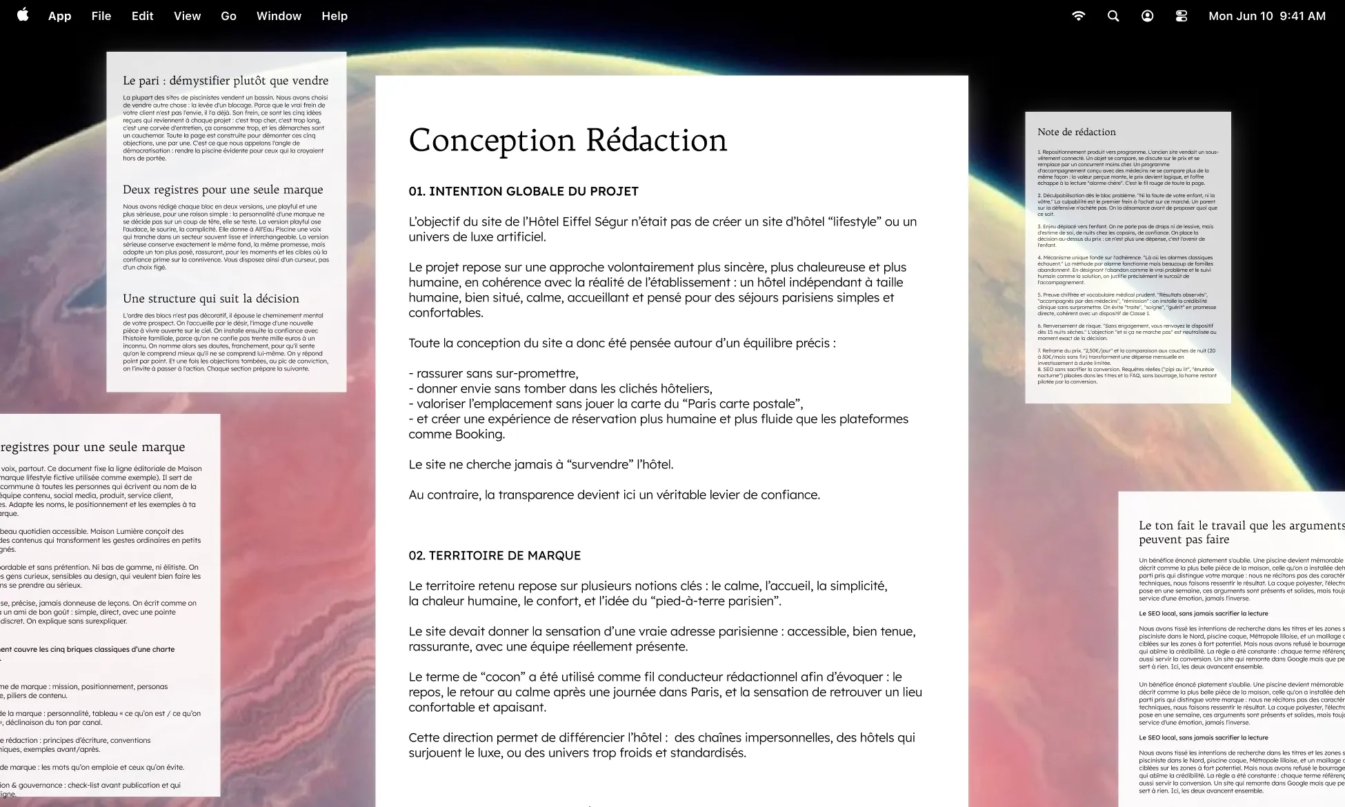 Page en français expliquant la conception rédaction et la stratégie de marque pour un projet d'hôtel lifestyle.