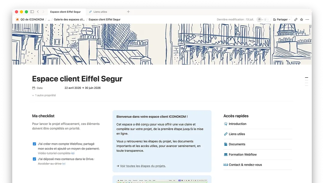 Capture desktop de l'espace client Eiffel Segur avec la checklist du projet et les accès rapides