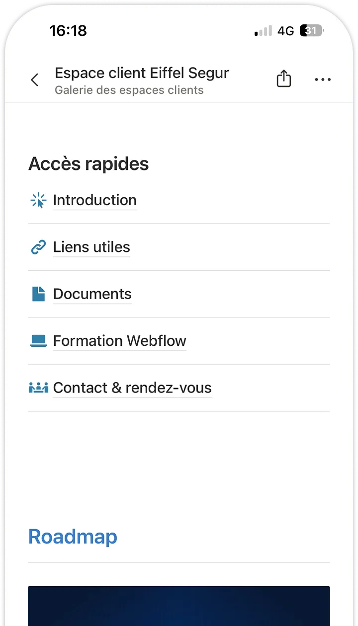 Capture mobile de l'espace client Eiffel Segur montrant les accès rapides et la roadmap