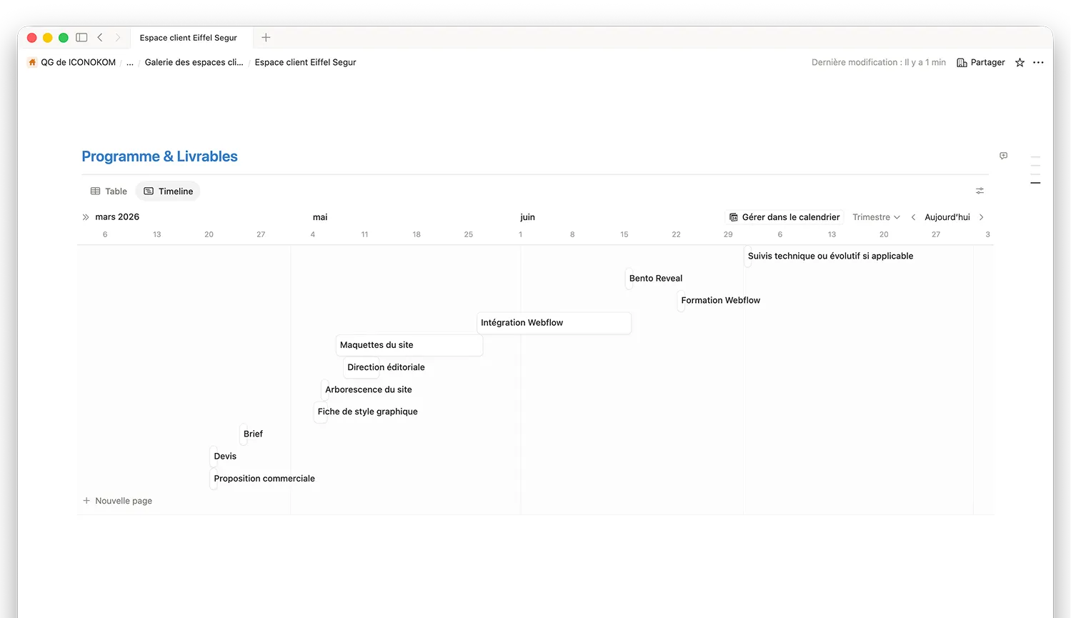 Capture desktop de l'espace client Eiffel Segur montrant la timeline du programme et des livrables
