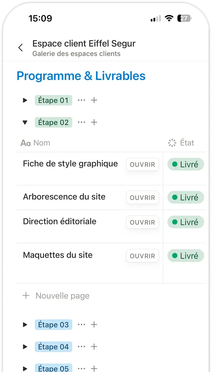 Capture mobile de l'espace client Eiffel Segur montrant le suivi du programme et des livrables