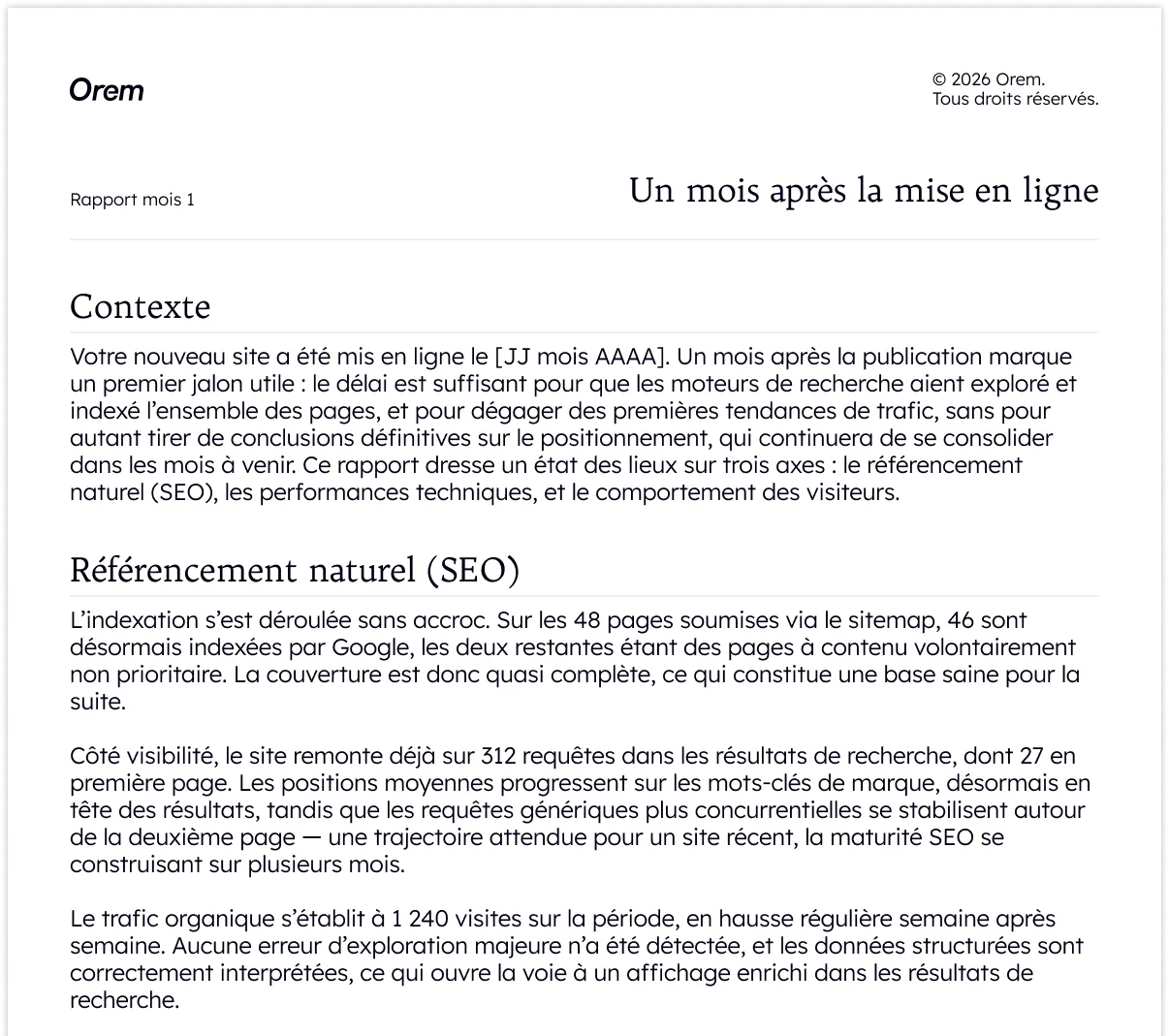 Capture d'un rapport Orem détaillant le contexte et le référencement naturel un mois après la mise en ligne du site