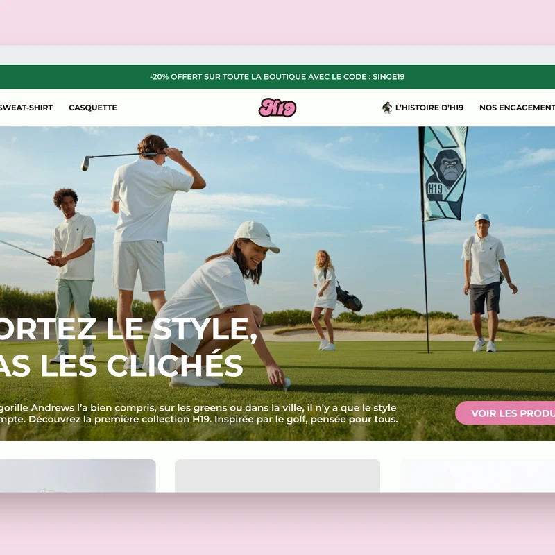Page d'accueil de la boutique en ligne H19 conçue par Orem : collection golf portée sur le green