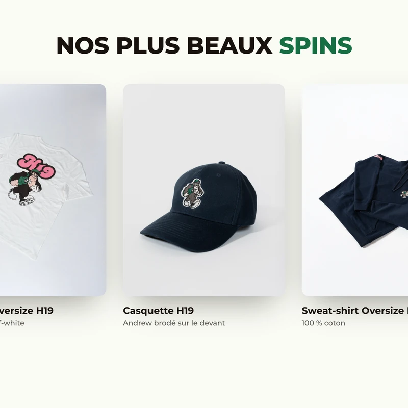 Fiches produit de la boutique H19 : t-shirt oversize, casquette et sweat-shirt