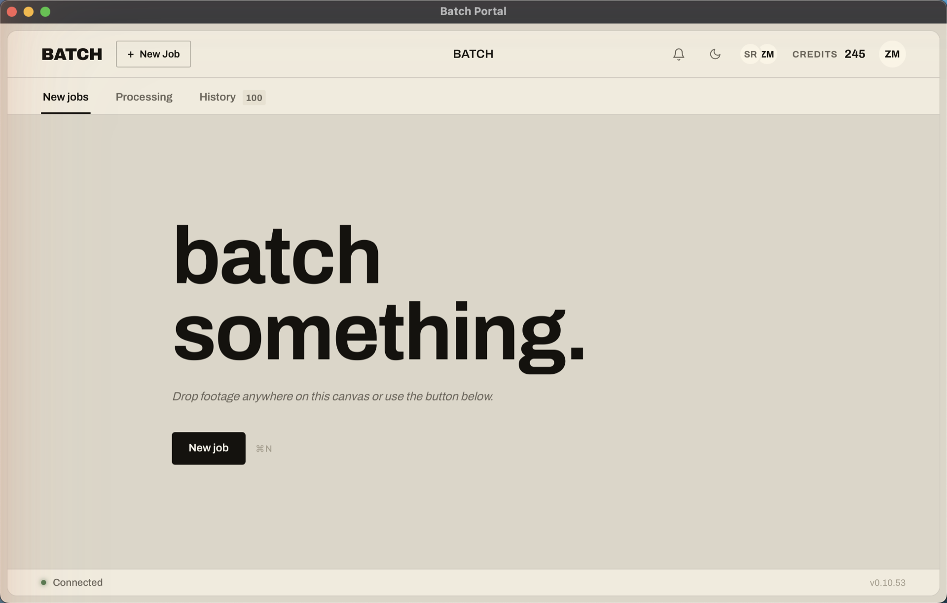 The Batch Portal Beta desktop app on Mac, showing the New jobs canvas where footage is dropped to start a job