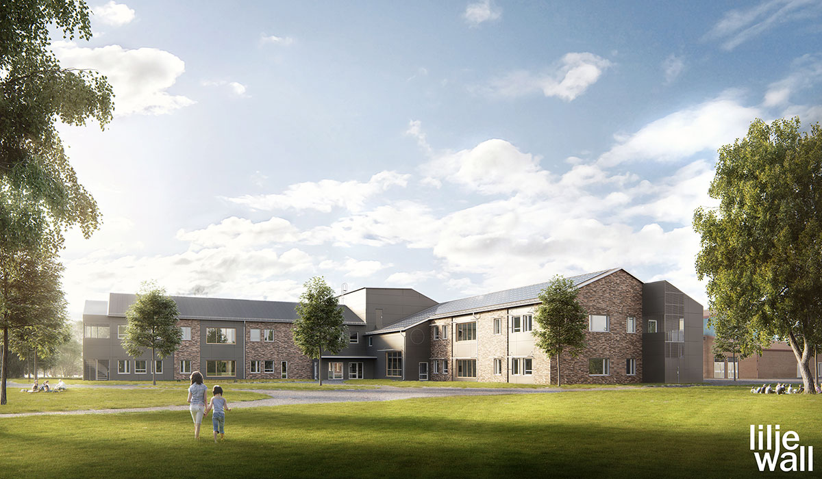 Visualisering av skolbyggnad som Bollebygd Kommun ska bygga