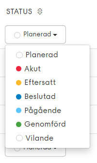 Lista med olika statusar för åtgärder i en underhållsplan
