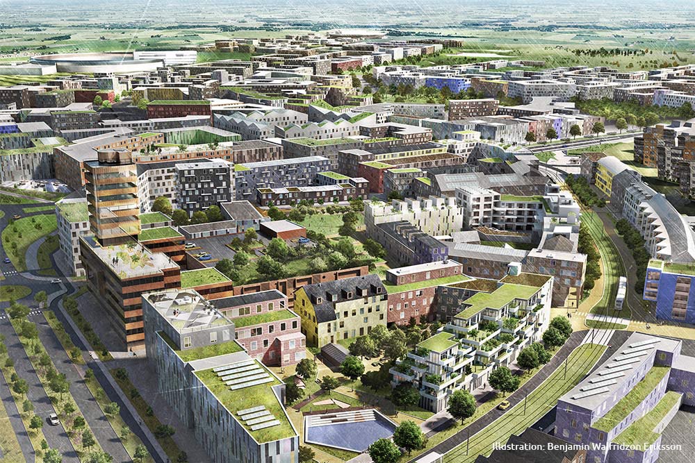 Illustration över stadsdelen Brunnshög i Lund som håller på att byggas.