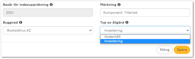Skärmbild i Planima som visar funktionen underhåll/investering som underlättar att skapa en budget för fastigheter