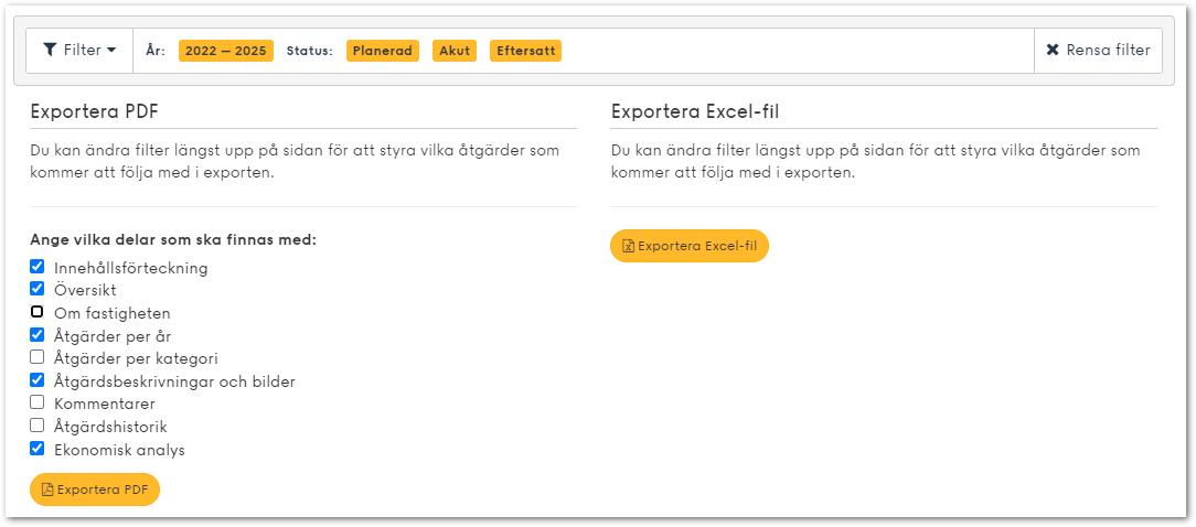 Skärmbild i Planima som visar export till PDF eller Excel att använda som underlag för budget för fastigheter
