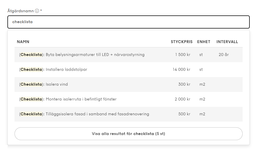 Skärmbild från Planima som visar checklista för energi/miljöåtgärder som alla i organisationen kan få tillgång till.