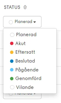 Lista med olika statusar för åtgärder i en underhållsplan