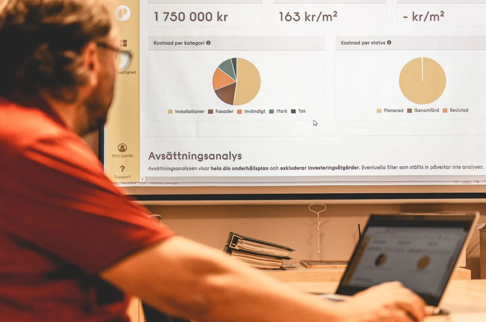 Styrelsemedlem tittar på kostnads- och avsättningsanalys i Planima på storbildsskärm