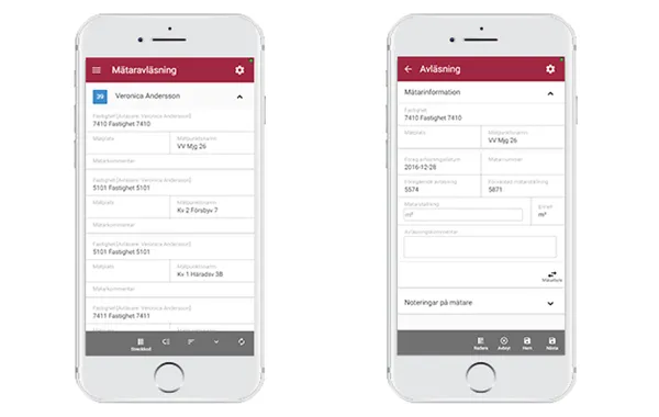 Två mobiltelefoner med Vitec fastighetssystem på skärmarna.