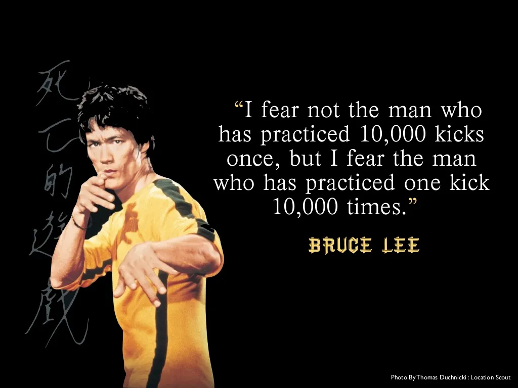 Bruce Lee-citat om att bli bäst på en sak genom fokuserad övning istället för bredd